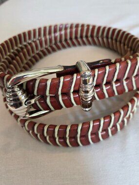 Tommy Bahama Brown and Cream Woven Leather Belt with Silver Buckle